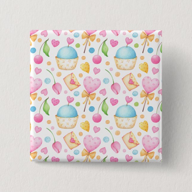 Hjärter och Muffinsar Förtjusande vattenfärg Mönst Knapp (Framsida)