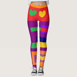 Hjärter och rand i röd gult lila blå leggings