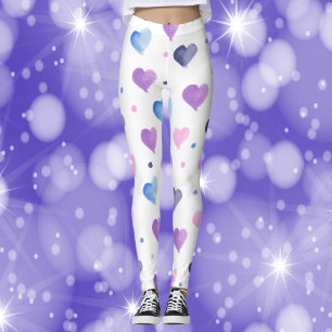 Hjärter Watercolor Mönster Rosa Lila Blue Leggings