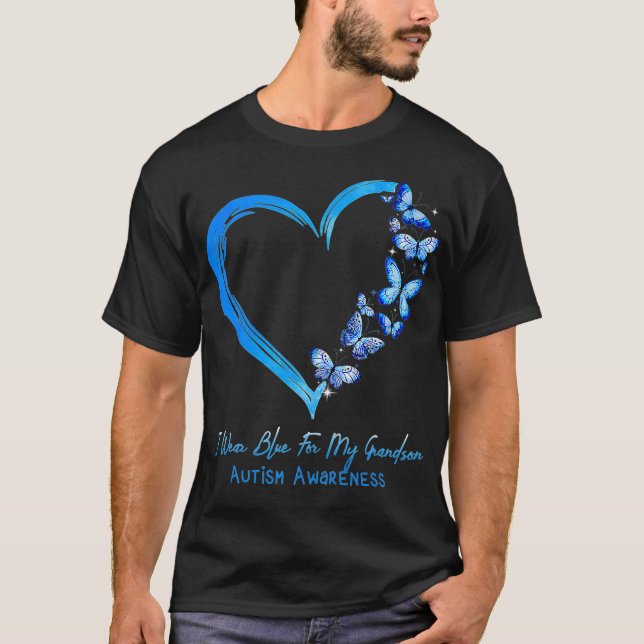 Hjärtfjäril I Bära Blue för min morson Autism T Shirt (Framsida)