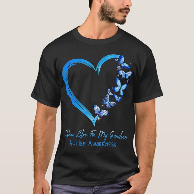 Hjärtfjäril I Bära Blue för min morson Autism T Shirt (Framsida)