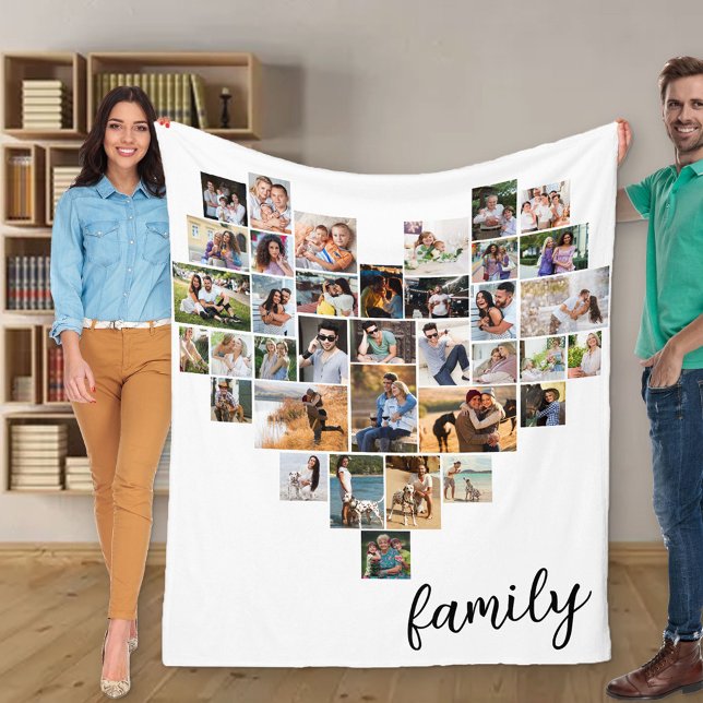 Hjärtform 36 Photo Collage Family Script White Fleecefilt (Skapare uppladdad)