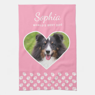 Hjärtform Anpassningsbar Pet Photo on Rosa & Text Kökshandduk