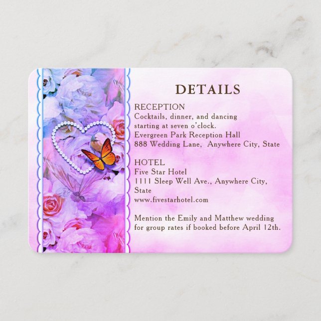 Hjärtformad blommig rosa fjäril bröllopsgäst detal tilläggskort (Framsida)
