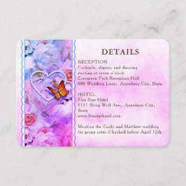 Hjärtformad blommig rosa fjäril bröllopsgäst detal tilläggskort