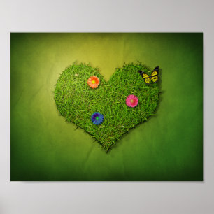Hjärtformad Gräsmatta Flowers Butterfly Poster