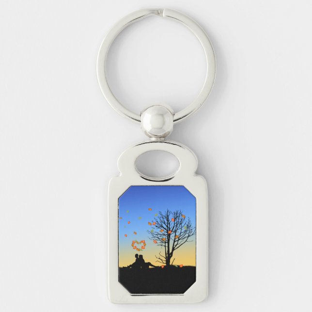 Hjärtformad Höst löv par Rektangulärt Silverfärgad Nyckelring (Framsidan)