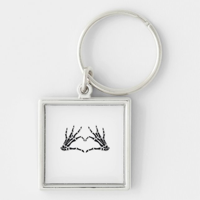 Hjärtformad Skeleton-Händer - unik konst för Skele Fyrkantig Silverfärgad Nyckelring (Framsidan)