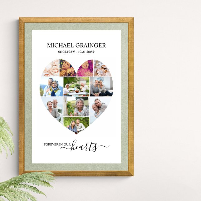 Hjärtformade 11 fotokollage, minnesbegravning poster (Funeral memorial poster to order professionally printed or as a printable digital download)