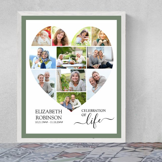 Hjärtformade 11 Photo Collage Firande of Life Poster (Funeral memorial poster to order professionally printed or as a printable digital download)