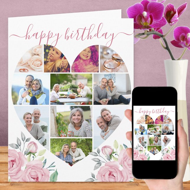Hjärtformade 11 Photo Collage Rosa Peony Birthday Kort (Skapare uppladdad)