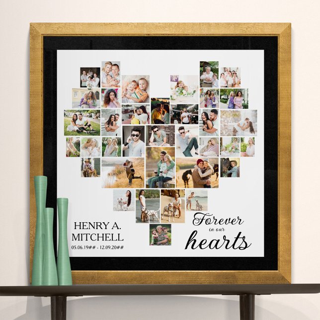 Hjärtformade 36 fotokollage Funeral Square Poster (Funeral memorial poster to order professionally printed or as a printable digital download)