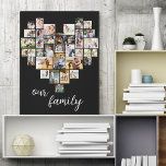 Hjärtformade 36 Photo Collage our Family Script Canvastryck<br><div class="desc">Skapa en egen arbetsyta med 36 av dina favoritfoton. Fotomallen har konfigurerats för att skapa en hjärtformade fotokollage och visa bilder i en blandning av porträtt, liggande och fyrkantiga instrumentformat. Designen har en svart bakgrund och "vår familj" har skrivits i handskript för elegant. Om du vill ha en annan bakgrund...</div>