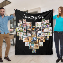 Hjärtformade 36 Photo Collage Script Namn Black Fleecefilt