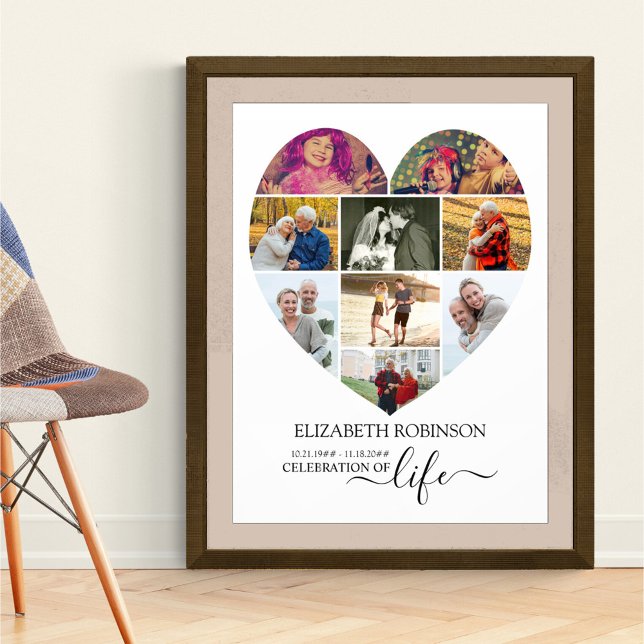 Hjärtformade 9 Photo Collage Firande of Life Poster (Funeral memorial poster to order professionally printed or as a printable digital download)