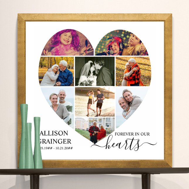 Hjärtformade 9 Photo Collage Forever i våra hjärta Poster (Funeral memorial poster to order professionally printed or as a printable digital download)