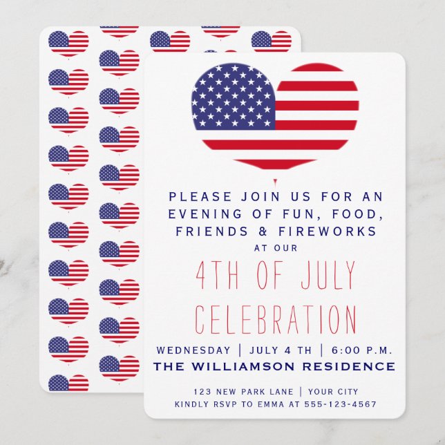 Hjärtformade amerikansk Flagga | 4 juli Inbjudningar (Fram/baksida)