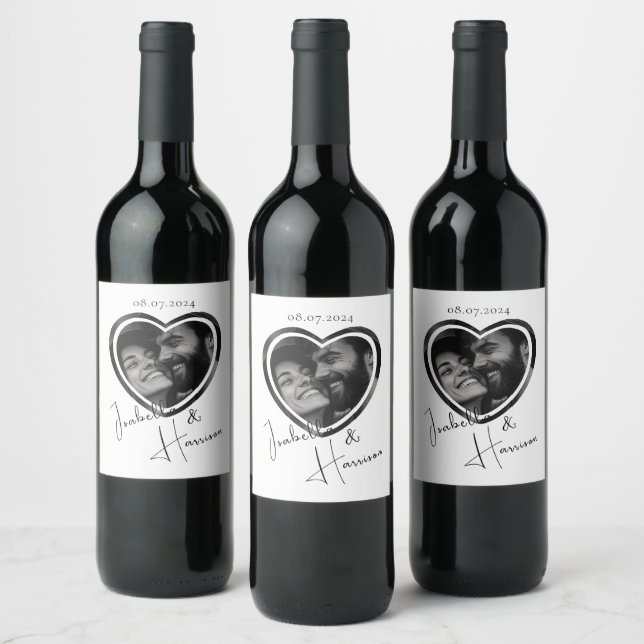Hjärtformade Anpassningsbar Photo Bröllop Black an Vinflaska Etikett (Flaskor)