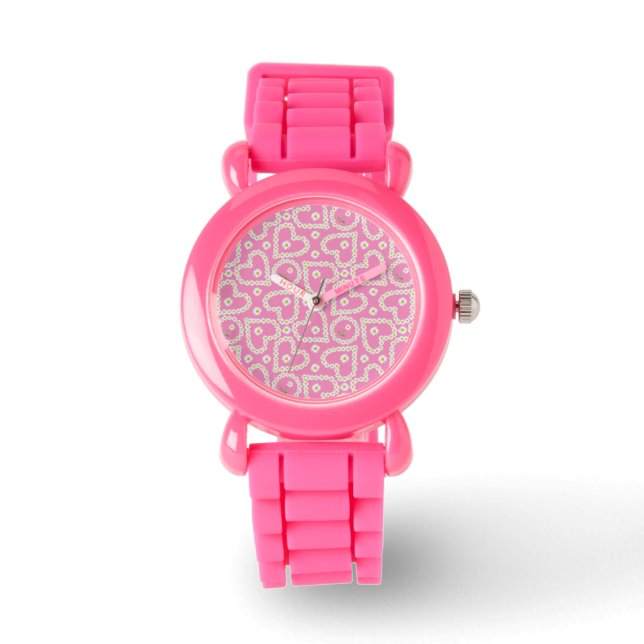 Hjärtformade Daisy, Rosa Kids Glitter Watch Armbandsur (Framsida)