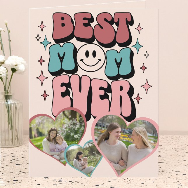 Hjärtformade foto för Whimsical Retro Best Mamma Kort (Best Mom Ever Retro Multi Photo Mother's Day Card by Darling & May)
