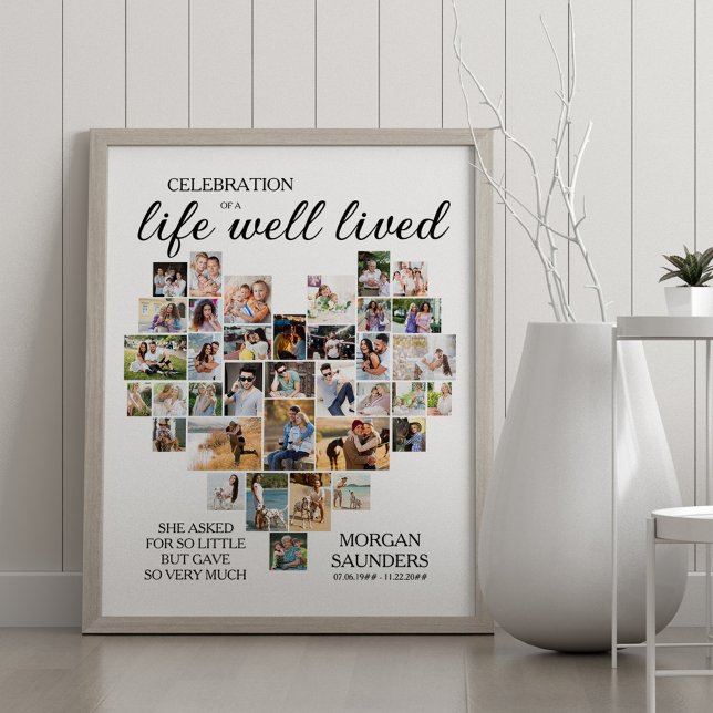 Hjärtformade fotokollage med livligt liv poster (Life well lived photo collage memorial poster - order professionally printed or as digital download)