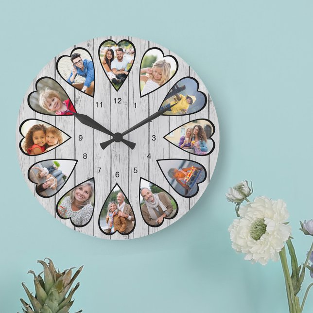 Hjärtformade fotoljus Grått Wood Large Clock Stor Klocka (Photo clock with 12 heart shaped photos. Unusual design for your home and a thoughtful photo gift.)