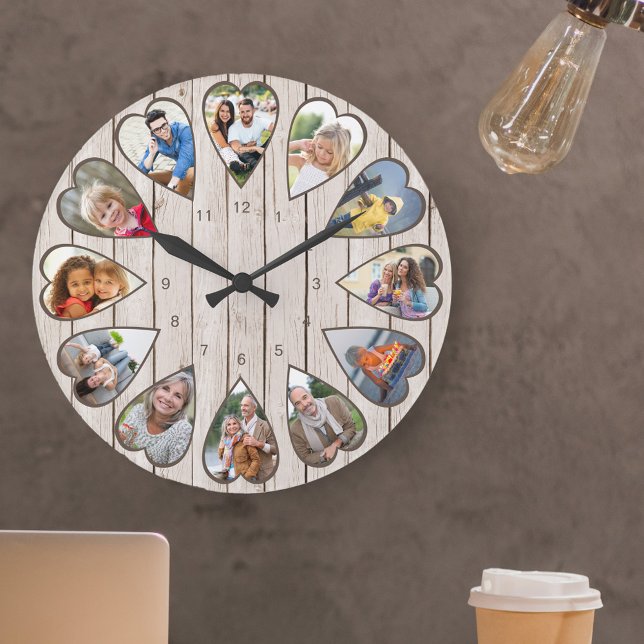 Hjärtformade fotoljus, stort klocka (Photo clock with 12 heart shaped photos. Unusual design for your home and a thoughtful photo gift.)