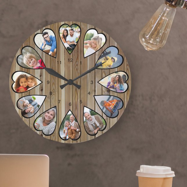 Hjärtformade foton Modern Brown Wood Stor Klocka (Photo clock with 12 heart shaped photos. Unusual design for your home and a thoughtful photo gift.)