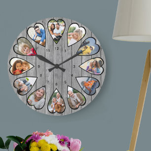 Hjärtformade foton Rustic Grått Wood Large Clock Stor Klocka