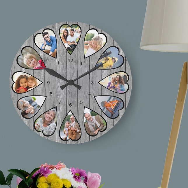 Hjärtformade foton Rustic Grått Wood Large Clock Stor Klocka (Photo clock with 12 heart shaped photos. Unusual design for your home and a thoughtful photo gift.)