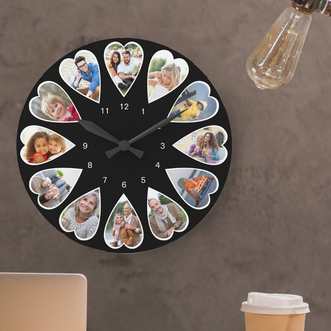 Hjärtformade foton, svart och vit runda stor klocka (Photo clock with 12 heart shaped photos. Unusual design for your home and a thoughtful photo gift.)