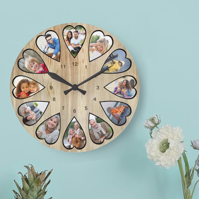 Hjärtformade foton Tall effekt Rund stor klocka (Photo clock with 12 heart shaped photos. Unusual design for your home and a thoughtful photo gift.)