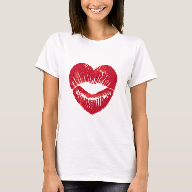 Hjärtformade läppar, läppstifttraces, kyss t shirt (Framsida)