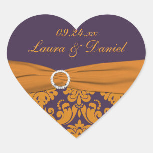 Hjärtformade lila och Tangerine Damask-märke Hjärtformat Klistermärke