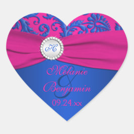 Hjärtformade märkning av kobolt och Fuchsia Damask Hjärtformat Klistermärke