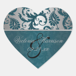 Hjärtformade märkning av silver och Teal Damask II Hjärtformat Klistermärke