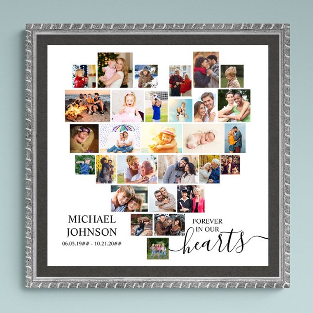 Hjärtformade minnesruta för fotokollage poster (Funeral memorial poster to order professionally printed or as a printable digital download)
