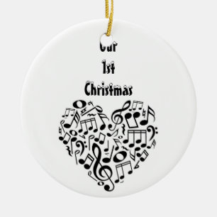 HJÄRTFORMADE MUSIK NOTER-VÅR FÖRSTA CHRISTMAS-D JULGRANSPRYDNAD KERAMIK
