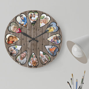 Hjärtformade Photos Rustic Mörk Wood Large Clock Stor Klocka