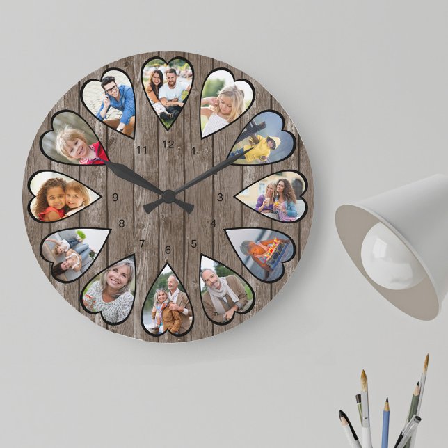 Hjärtformade Photos Rustic Mörk Wood Large Clock Stor Klocka (Photo clock with 12 heart shaped photos. Unusual design for your home and a thoughtful photo gift.)