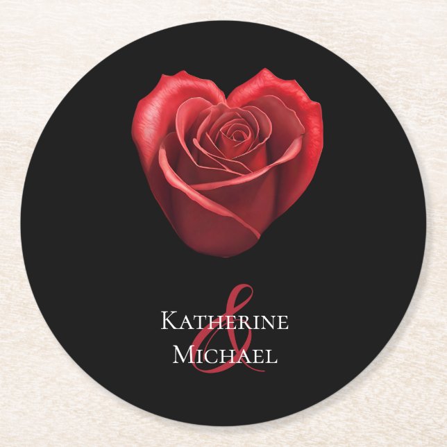 Hjärtformade Röd ros-Bröllop Underlägg Papper Rund (Framsidan)