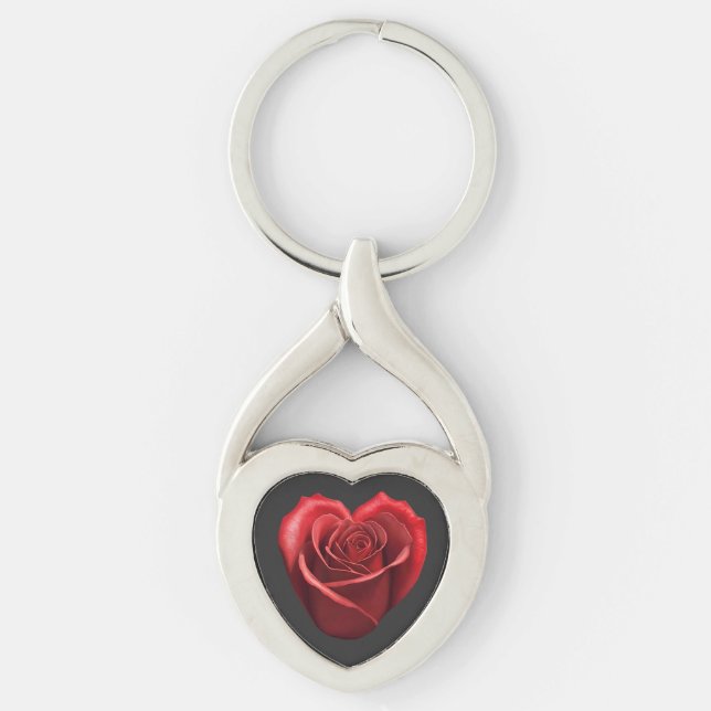 Hjärtformade Röd ros-Valentines day- Twisted Heart Silverfärgad Nyckelring (Framsidan)