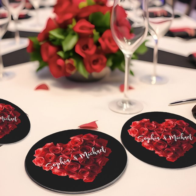 Hjärtformade röda rosor-bröllop underlägg papper rund (Heart Shaped Red Roses-Wedding Round Paper Coaster)