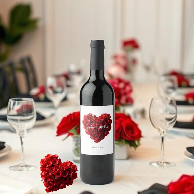 Hjärtformade röda rosor-bröllop- vinflaska etikett (Heart Shaped Red Roses-Wedding- Wine Label)
