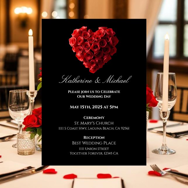 Hjärtformade röda rosor- inbjudningar (Wedding Invitation Red Roses in the Shape of a Heart- Black White and Red)