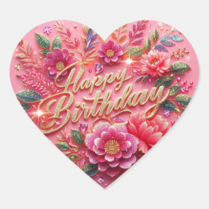 Hjärtformade Rosa Blommigt Glitter Birthday Sticke Hjärtformat Klistermärke