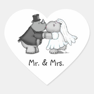 Hjärtformade Sticker Hippo Bride och Rhino Groom Hjärtformat Klistermärke