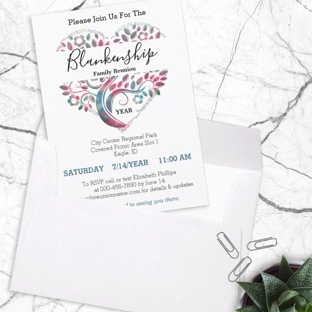 Hjärtformade Träd-familjens återföreningsmall Inbjudningar (Skapare uppladdad)