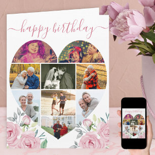 Hjärtformat 9 Foto Collage Rosa Peony Födelsedag Kort