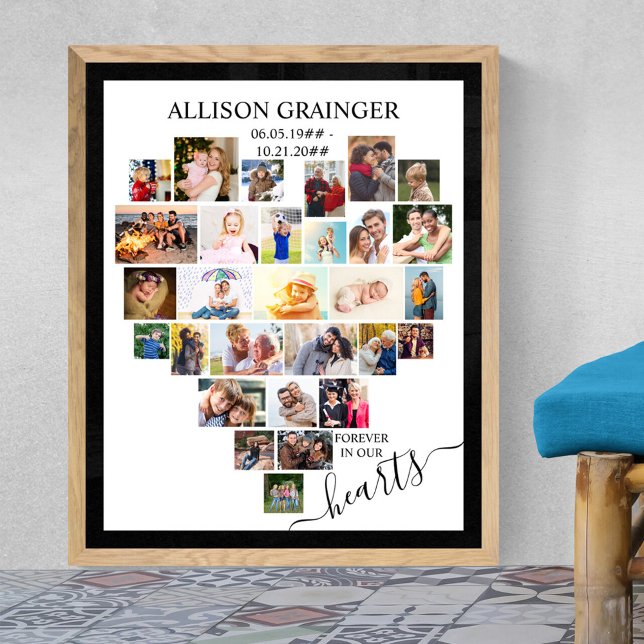 Hjärtformat fotokollage begravningsminneskort poster (Funeral memorial poster to order professionally printed or as a printable digital download)